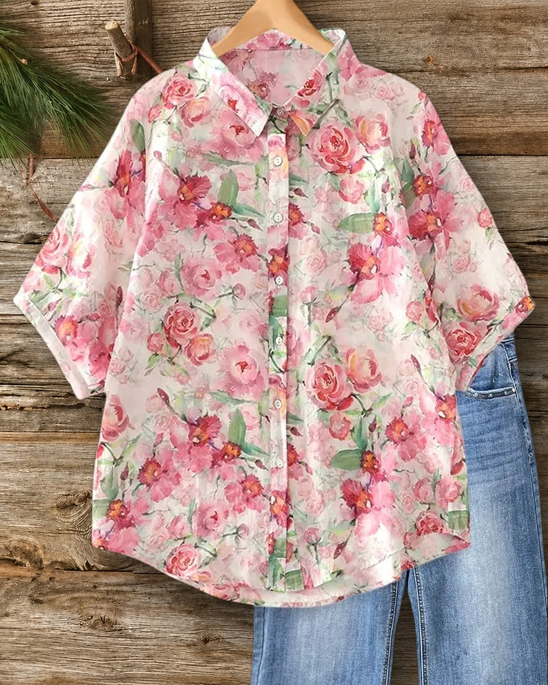 Floral Print Button Front Collared Short Sleeve Loose Shirt