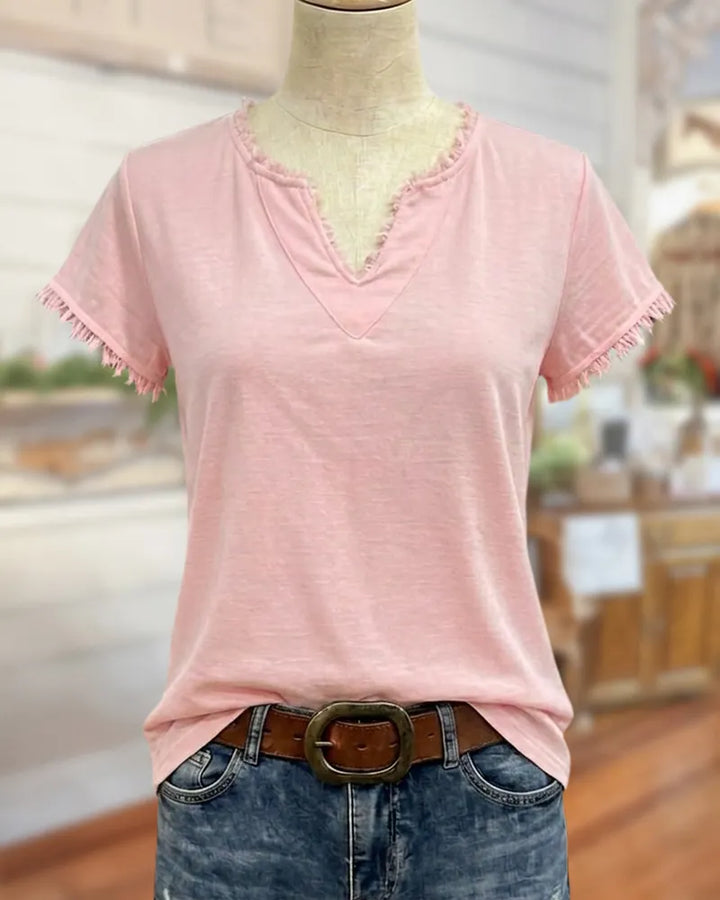 Frayed Trim V Neck Short Sleeve Casual Daily T-shirt