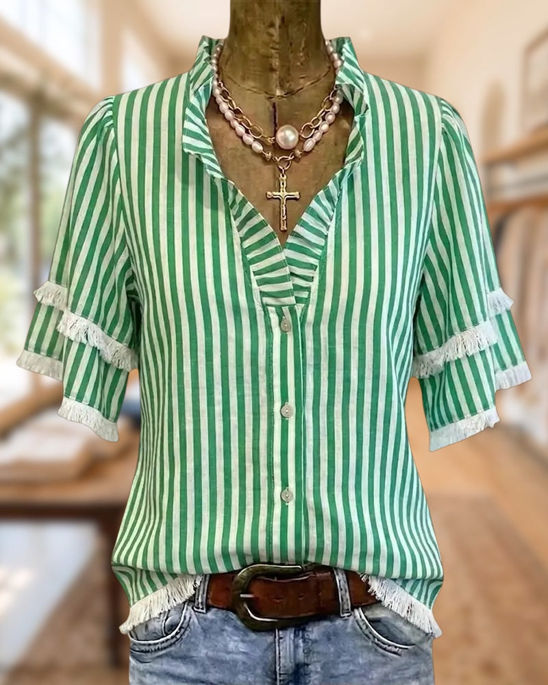 Striped Ruffle Sleeve V Neck Button Front Frayed Hem Blouse