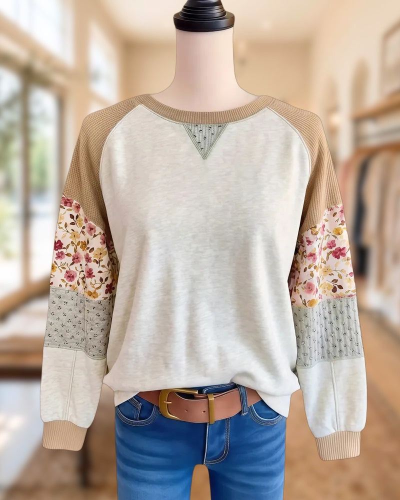 Patchwork Floral Print Cozy Round Neck Sweatshirt