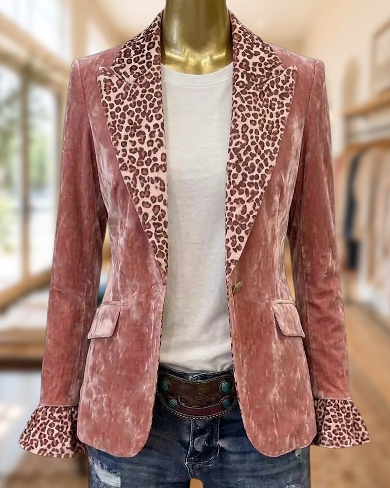 Leopard Trim Velvet Flare Cuff Single Breasted Tailored Blazer