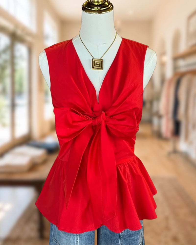 V Neck Sleeveless Bow Front Peplum Hem Blouse