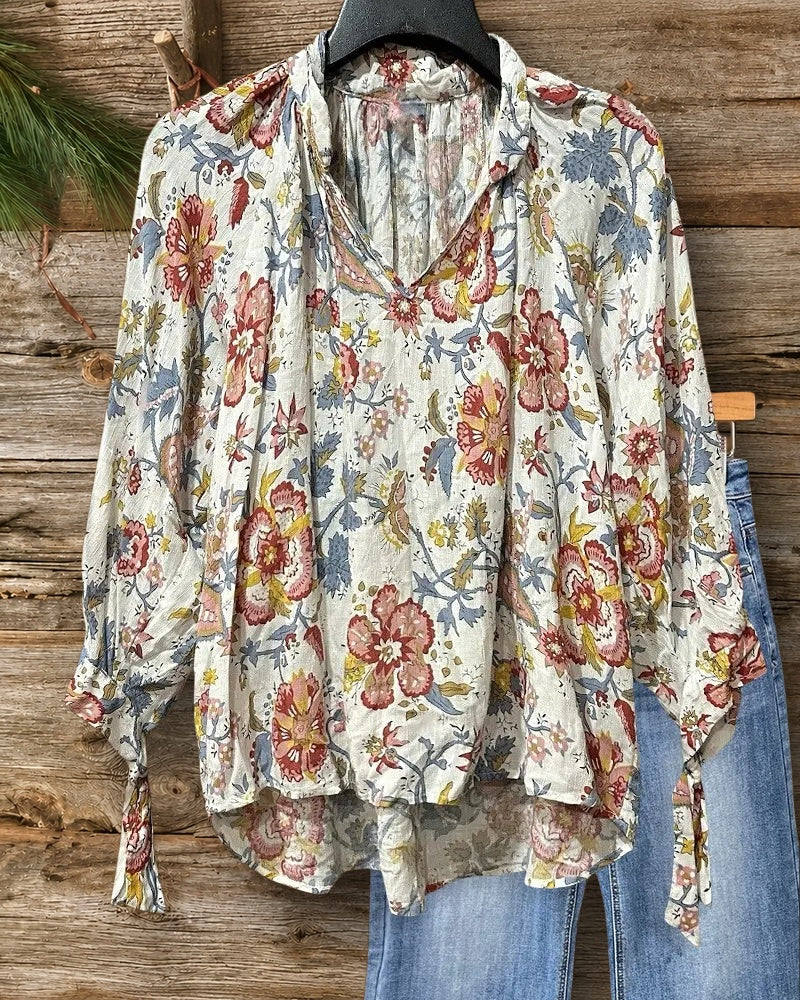 Floral Print Feminine V Neck Tied Sleeve Blouse