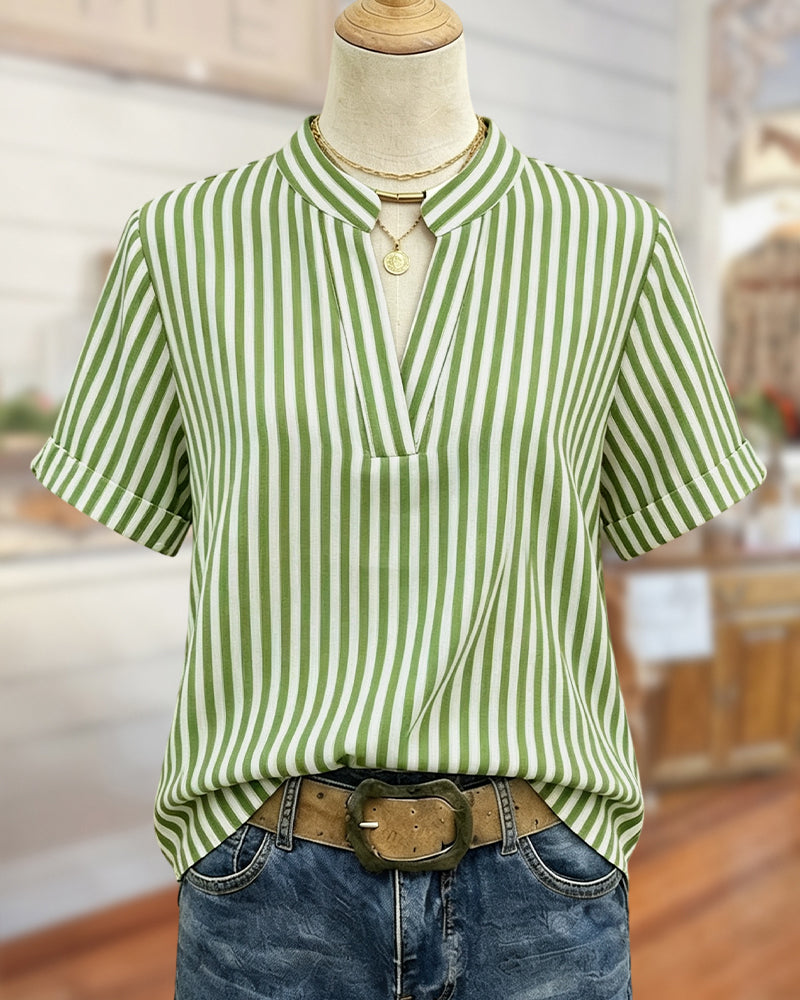 Striped V Neck Short Sleeve Simple Blouse