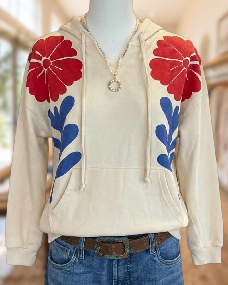 Floral Print Long Sleeve Drawstring Kangaroo Pocket Hooded Top