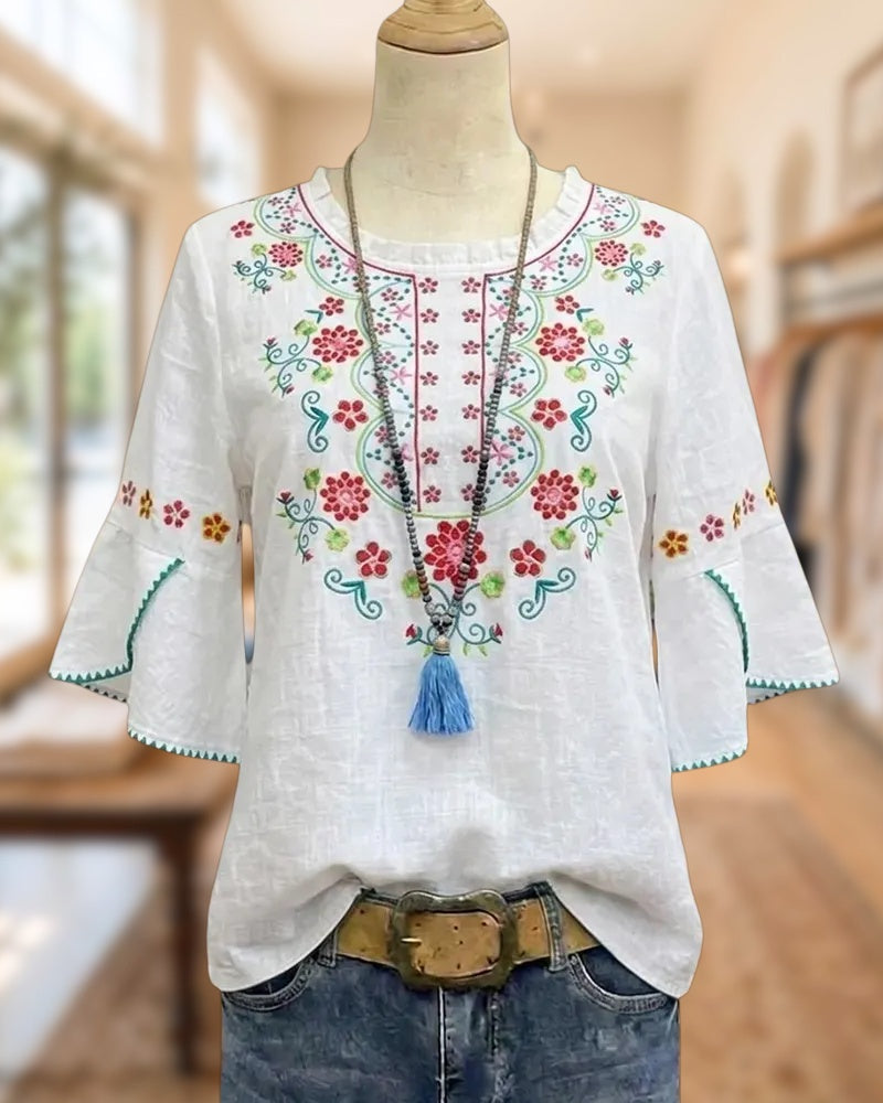 Floral Embroidered Flare Sleeve Ruffled Neck Boho Blouse