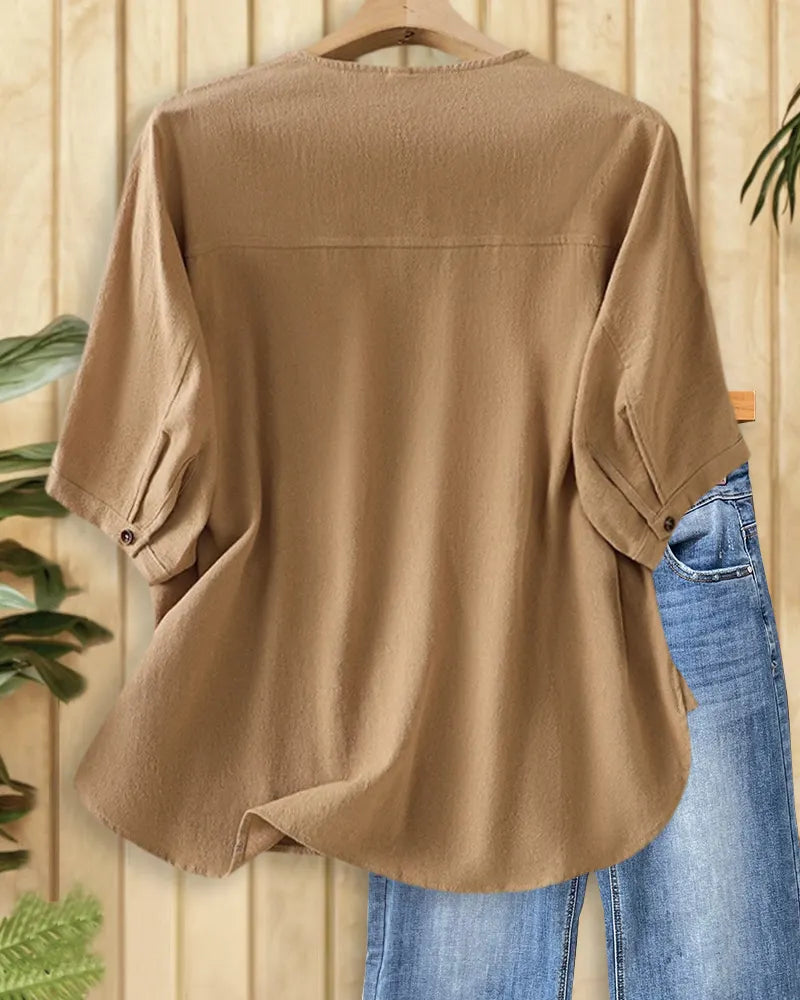 Solid Color Button Front Relaxed O Neck Blouse