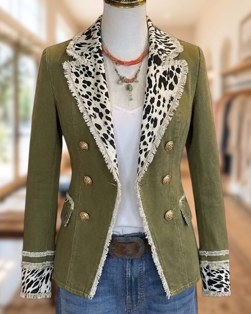 Animal Print Contrast Trim Double Breasted Frayed Edge Blazer