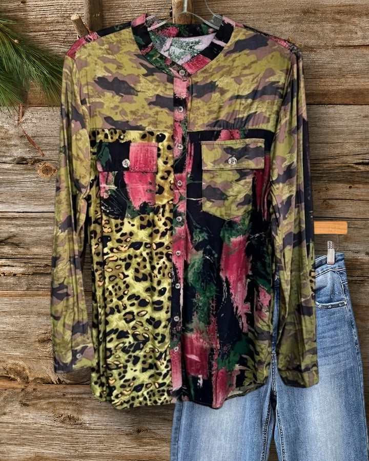 Mixed Print Stand Collar Button Front Pocket Long Sleeve Blouse