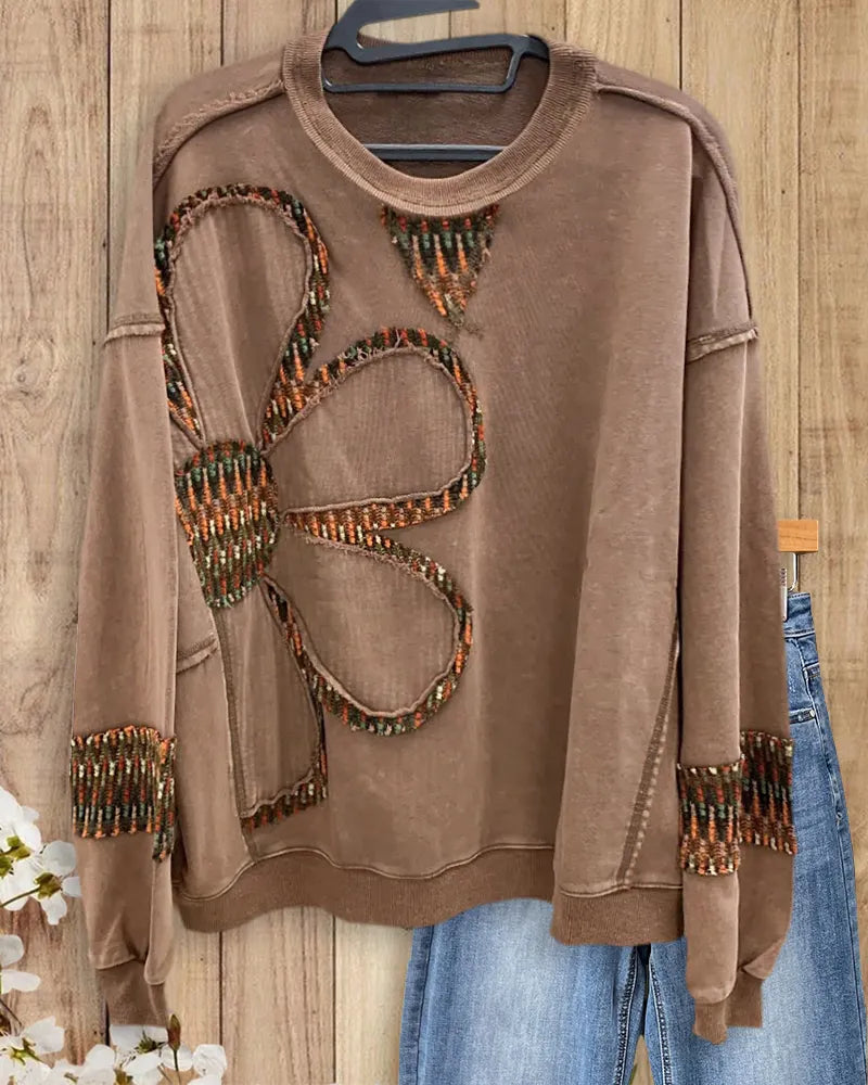 Floral Applique Crew Neck Casual Long Sleeve Sweatshirt