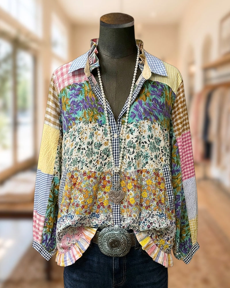 Mixed Patchwork Ruffled Blouse