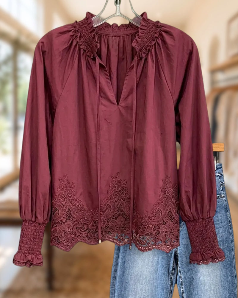 Tie Neck Smocked Detail Lace Hem Puff Sleeve Blouse