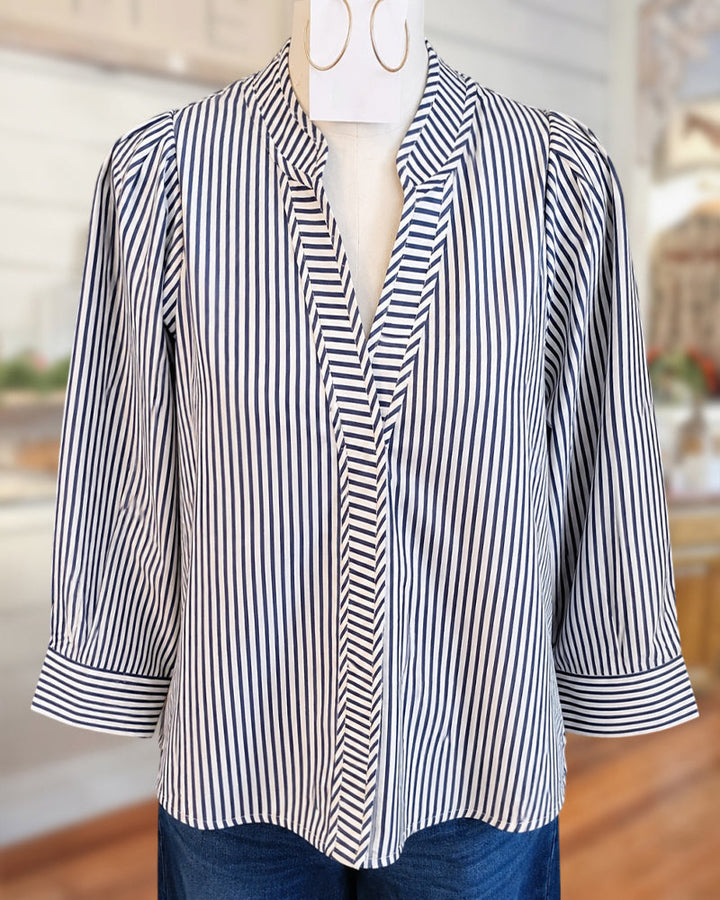 Striped V Neck 3/4 Sleeve Simple Blouse