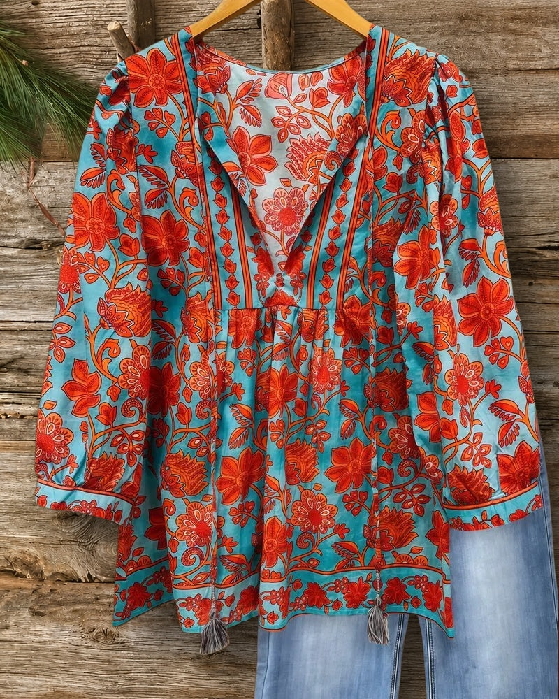 Floral Print Retro Tie Neck Blouse