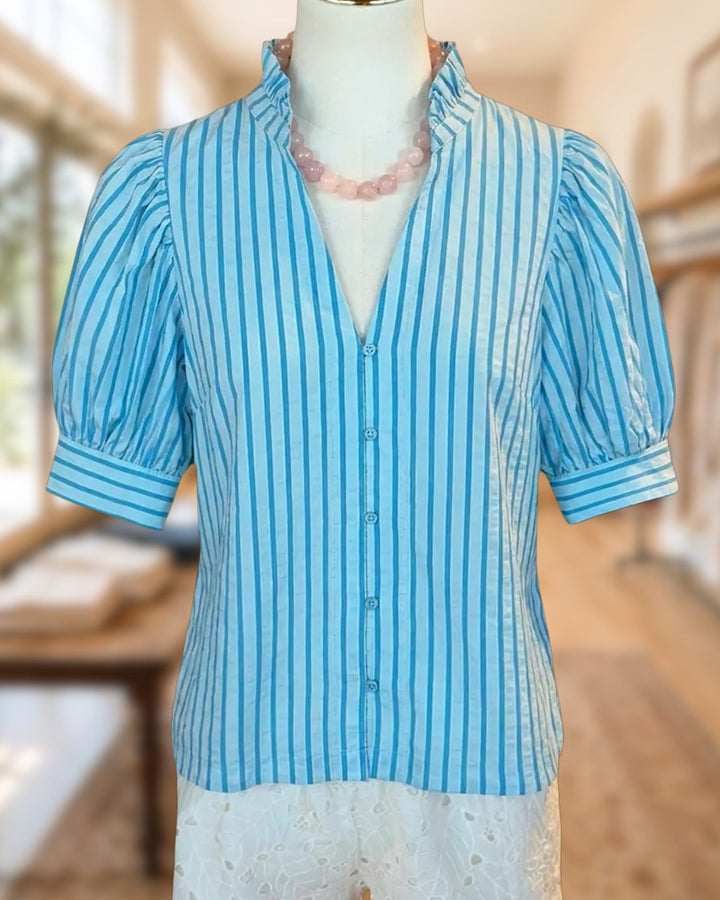 Ruffle Neck Puff Sleeve Striped Button Front Casual Blouse