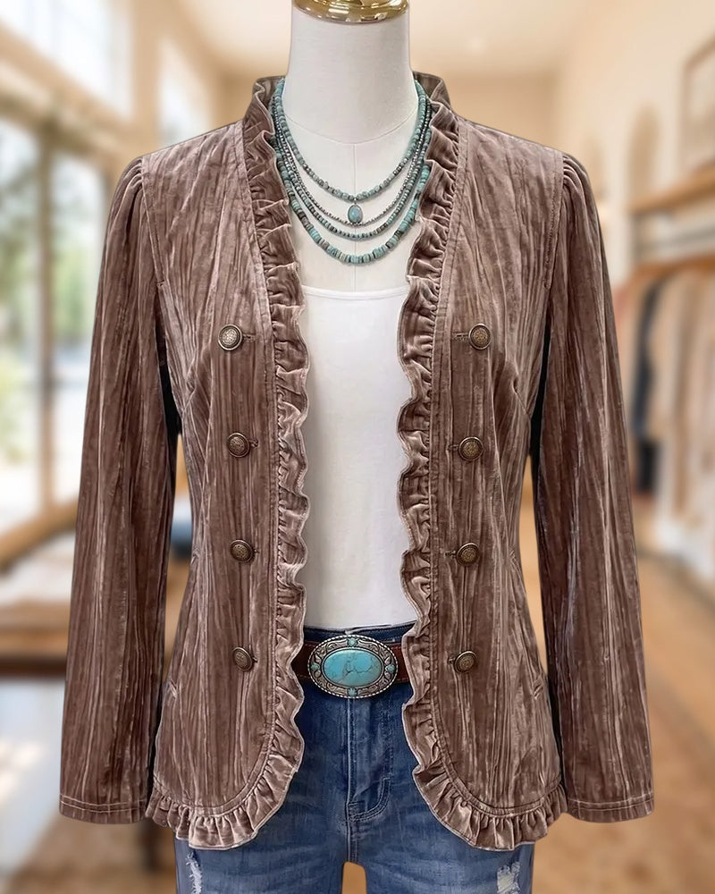 Solid Color Ruffle Trim Open Front Velvet Jacket