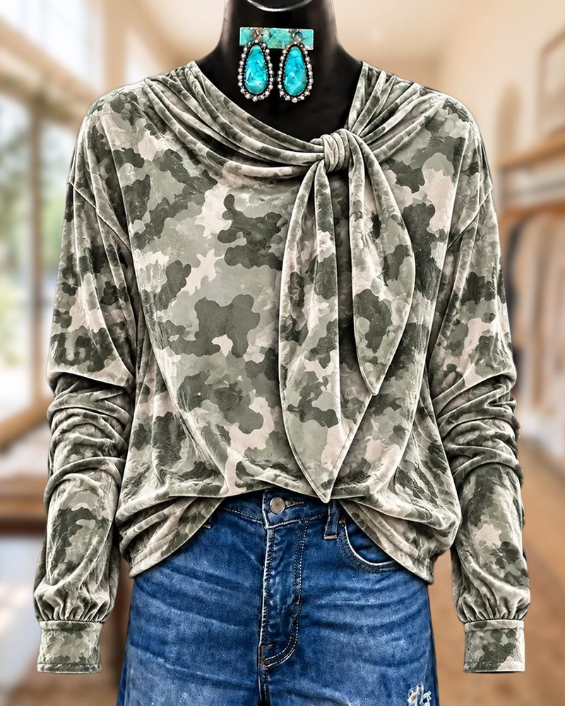 Velvet Camouflage Print Tie Neck Long Sleeve Elegant Blouse