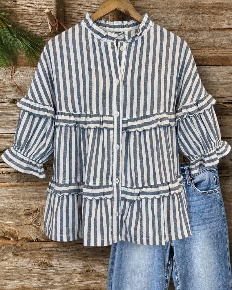 Ruffled Tiered Button Front Stand Collar 3/4 Sleeve Blouse