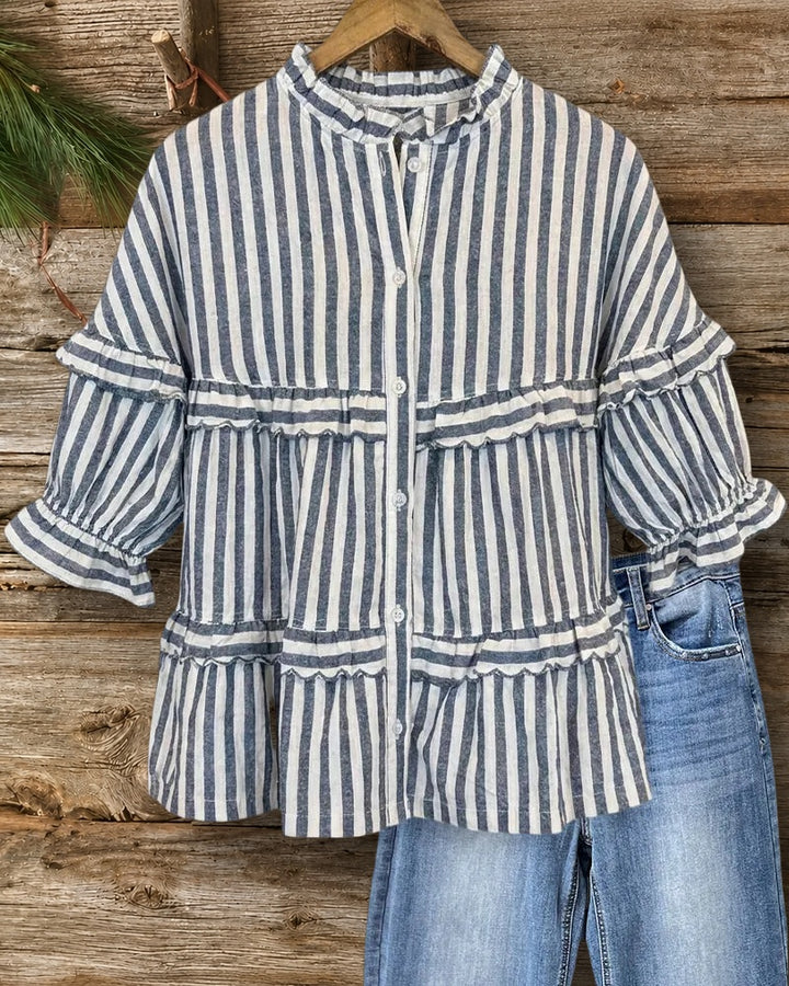 Ruffled Tiered Button Front Stand Collar 3/4 Sleeve Blouse