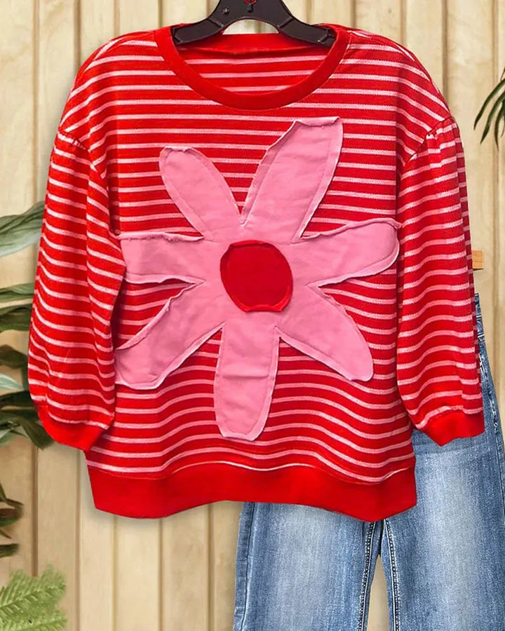 Hit Color Flower Applique Casual Striped Blouse