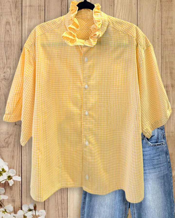 Ruffled Collar Gingham Button Down Short Sleeve Shirt