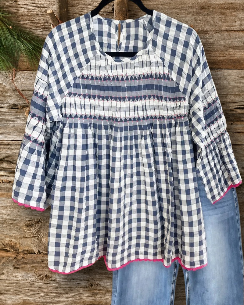 Gingham Cute Bell Sleeve Scalloped Trim Blouse