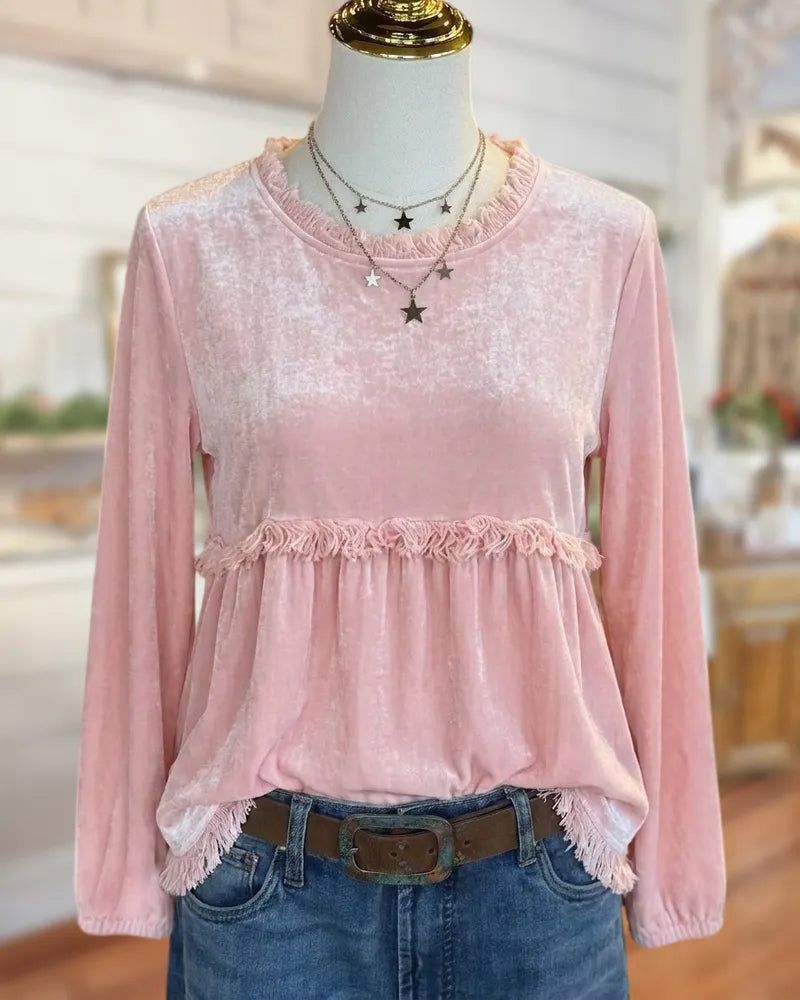 Fringe Trim Ruffled Neck Long Sleeve Relaxed Fit Blouse
