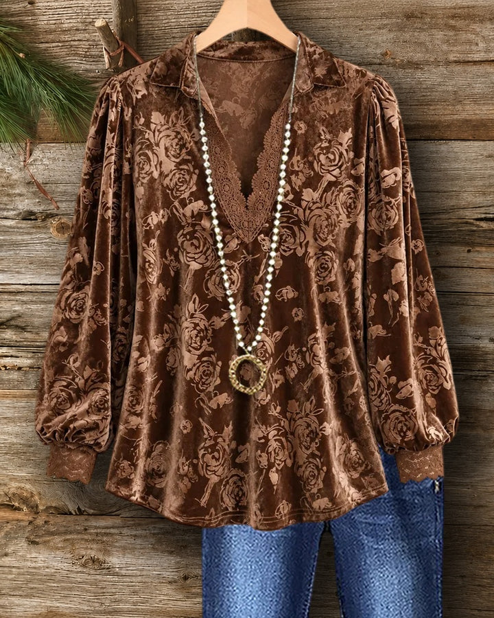 V Neck Lace Trim Floral Embossed Blouse