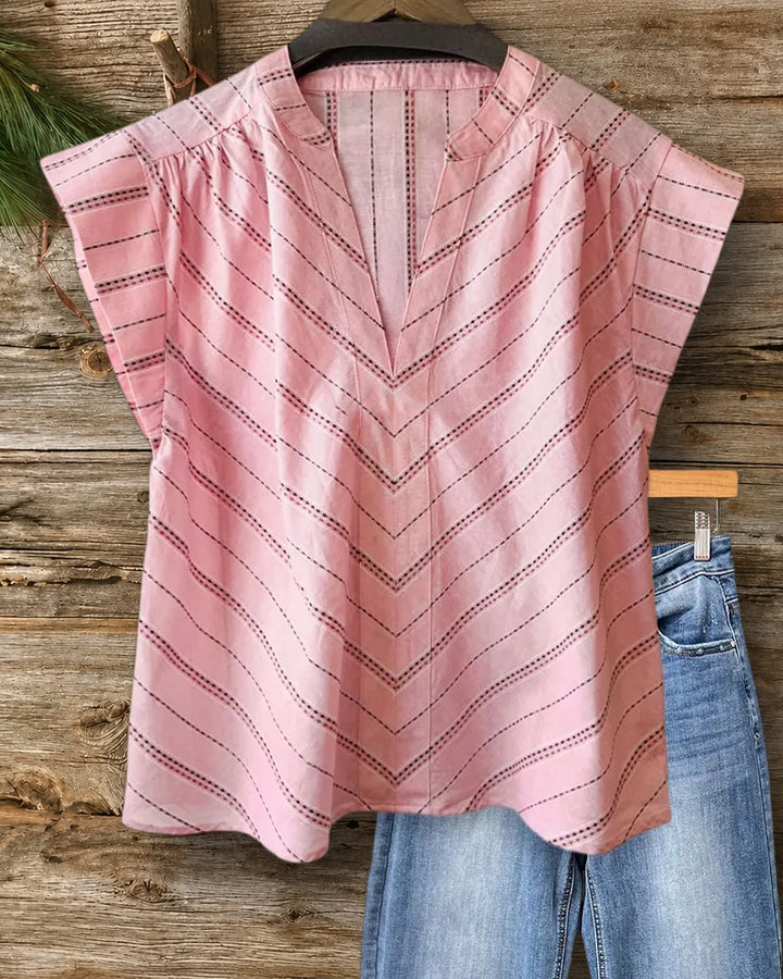 V Neck Cap Sleeve Chevron Striped Loose Casual Blouse