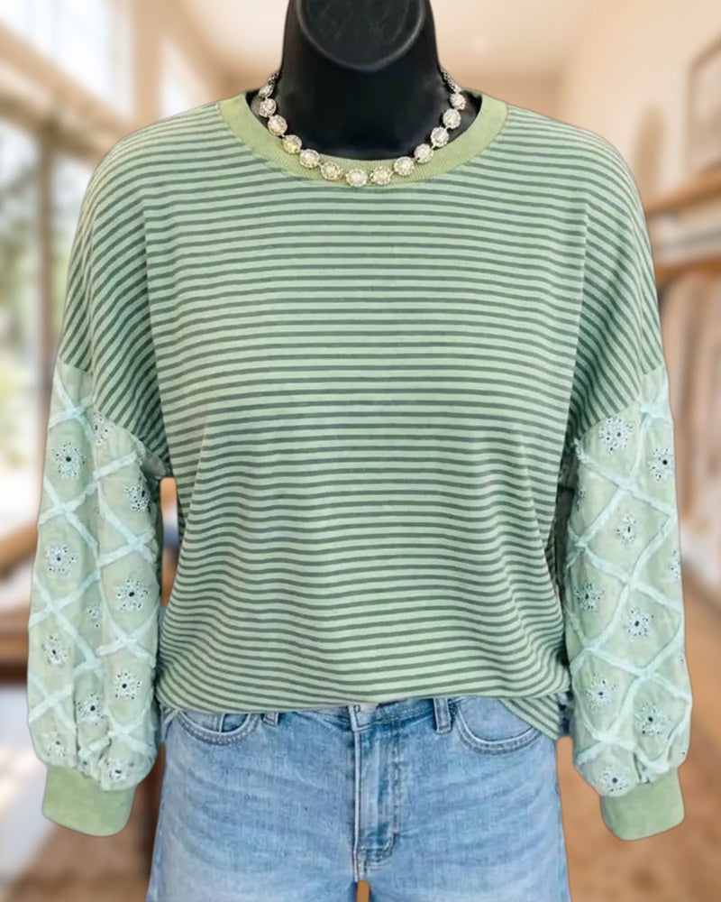 Striped Crew Neck Top With Eyelet Embroidered Sleeves