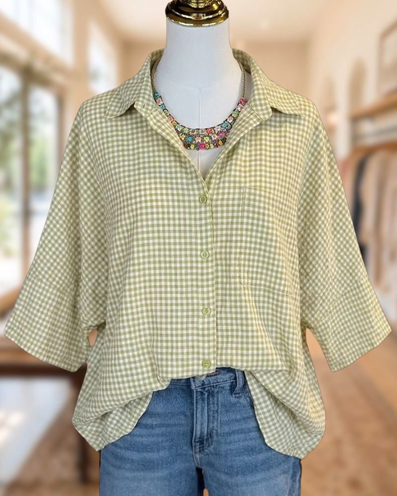 Gingham Print Collared Button Front Dolman Sleeve Shirt
