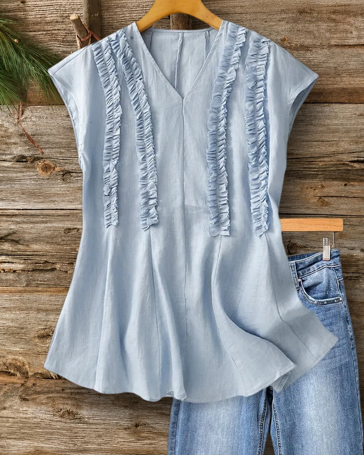 V Neck Ruffled Trim Cap Sleeve A-Line Casual Blouse
