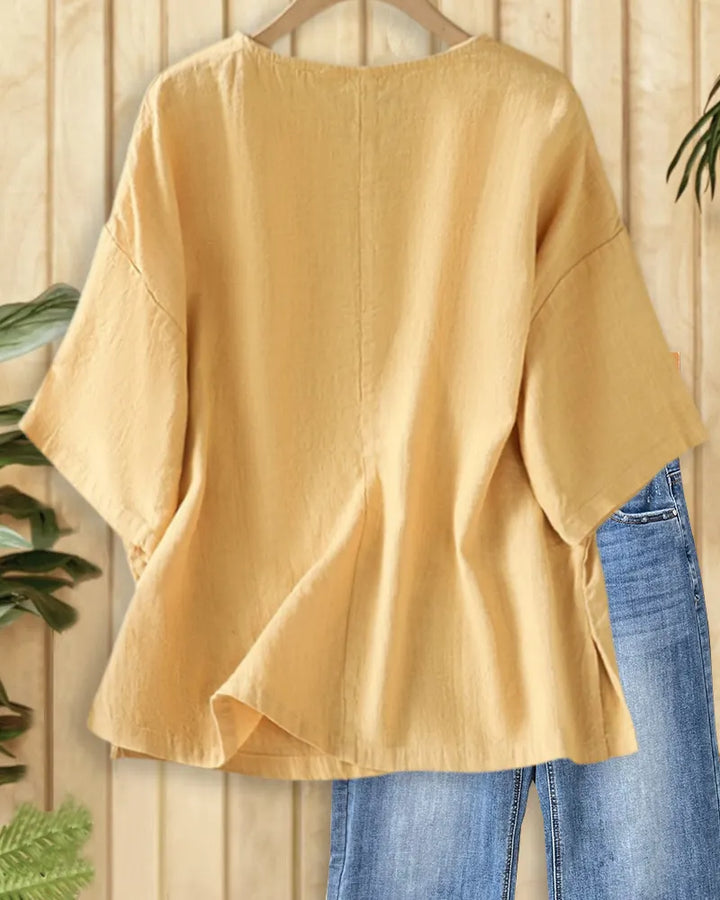 Drop Shoulder Side Slit Loose Casual Breathable Round Neck Blouse