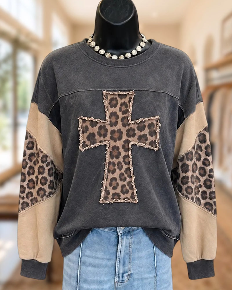 Cross Applique Color Block Raw Edge Long Sleeve Sweatshirt