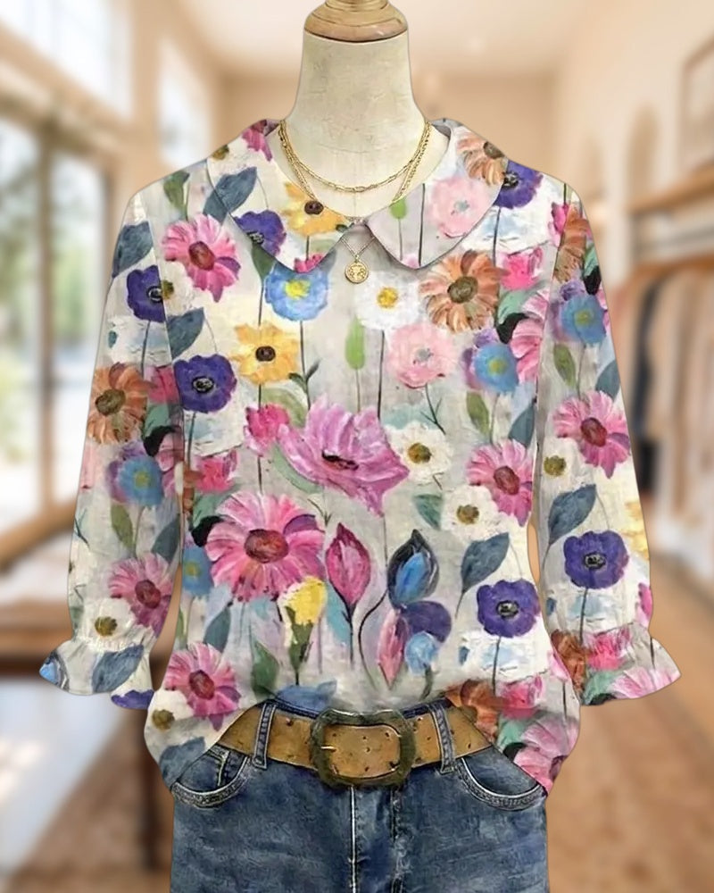 Peter Pan Collar Colorful Floral Print 3/4 Sleeve Blouse