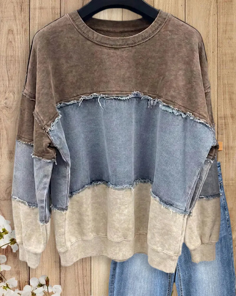 Color Block Frayed Trim Sweatshirt