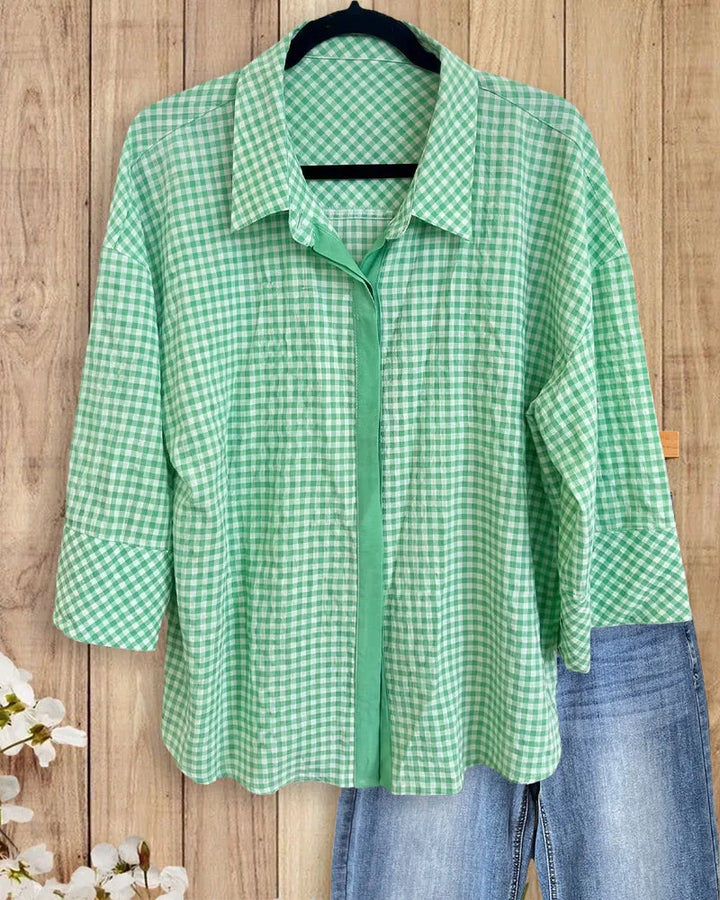 Gingham Contrast Placket Collared 3/4 Sleeve Casual Shirt