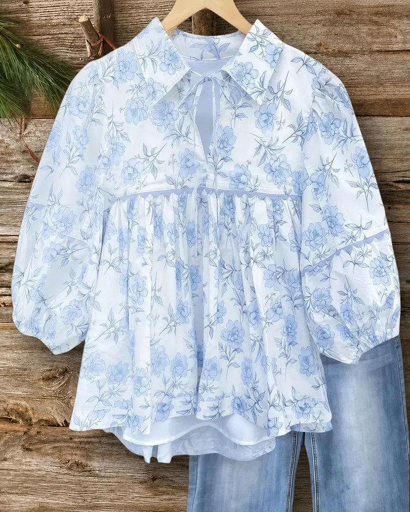 Floral Print Smart Scalloped Trim Babydoll Blouse