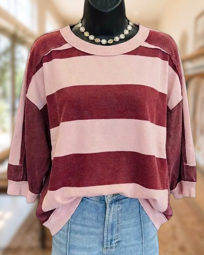 Striped Crew Neck 3/4 Sleeve Exposed Seam Casual Loose Top