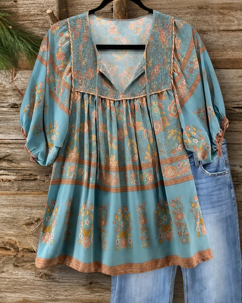 Floral Print Smocked Bohemia Tie Neck T-Shirt