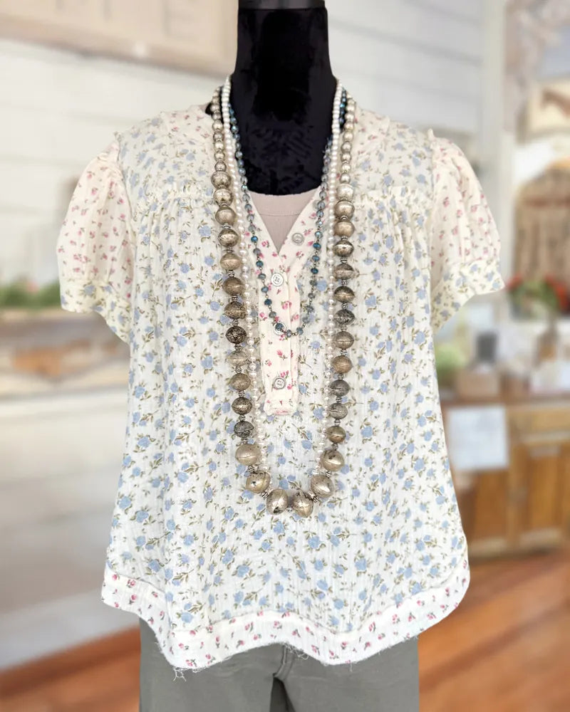 Floral Print Patchwork Puff Sleeve V Neck Sweet Flowy Blouse