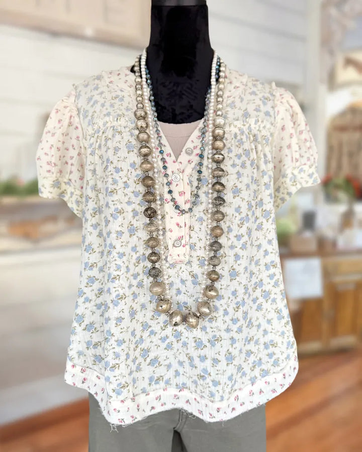Floral Print Patchwork Puff Sleeve V Neck Sweet Flowy Blouse