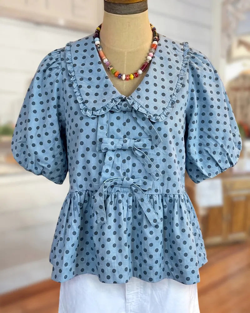 Polka Dot Peter Pan Collar Puff Sleeve Bow Detail Peplum Blouse