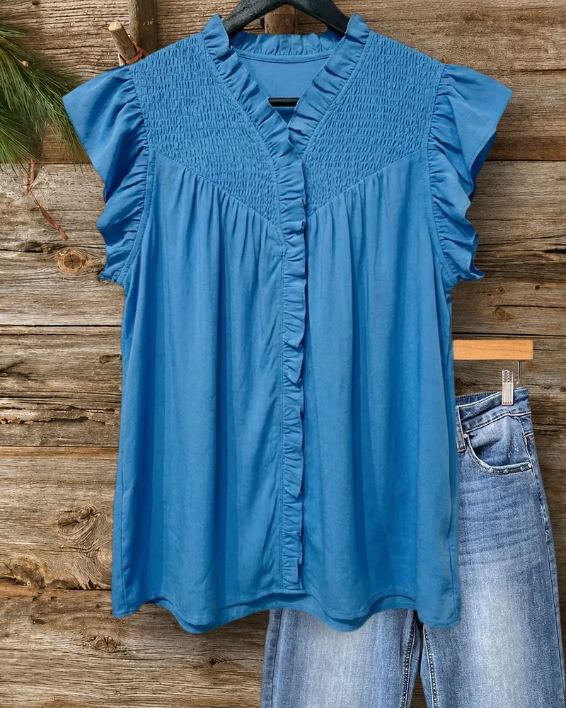 Ruffle Trim V Neck Smocked Flutter Sleeve Casual Blouse