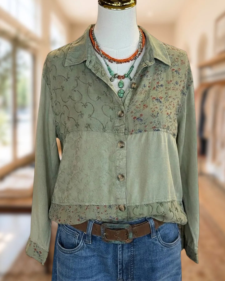 Patchwork Embroidered Button Front Collared Long Sleeve Casual Shirt