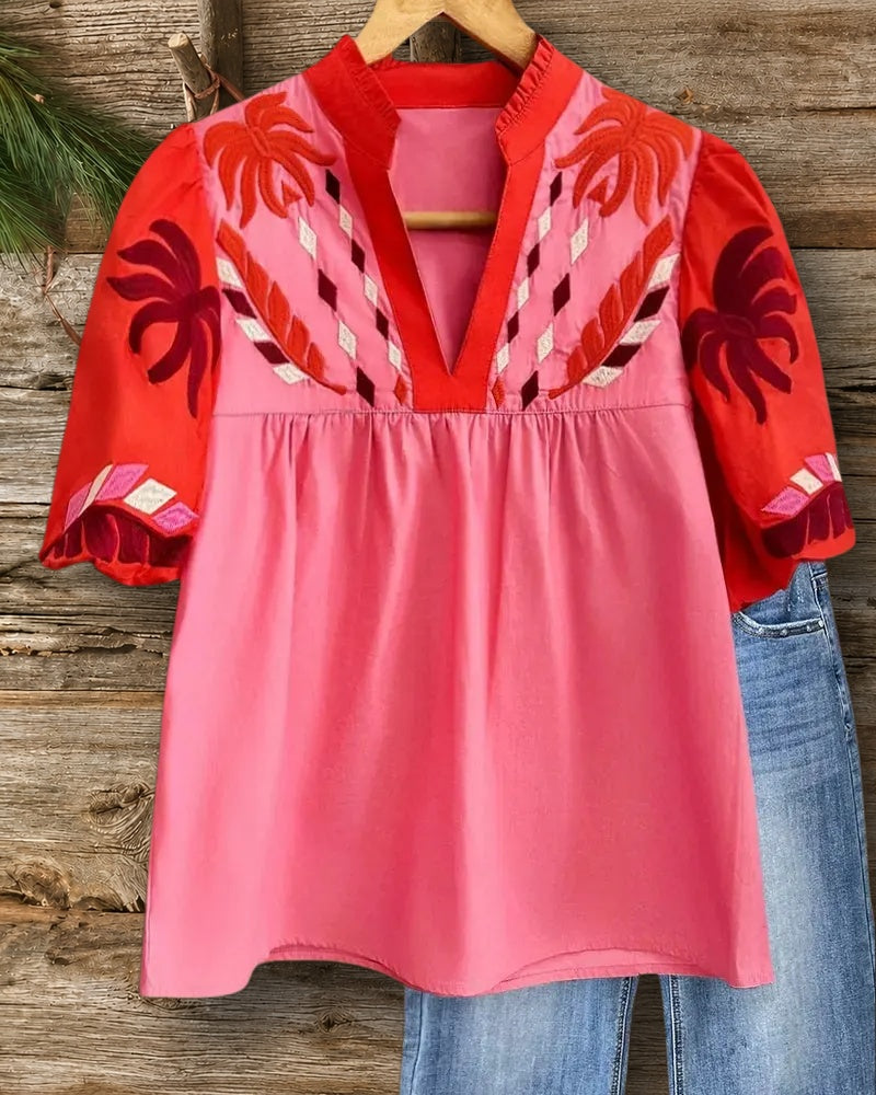 Floral Embroidery Puff Sleeve Retro V Neck T-Shirt