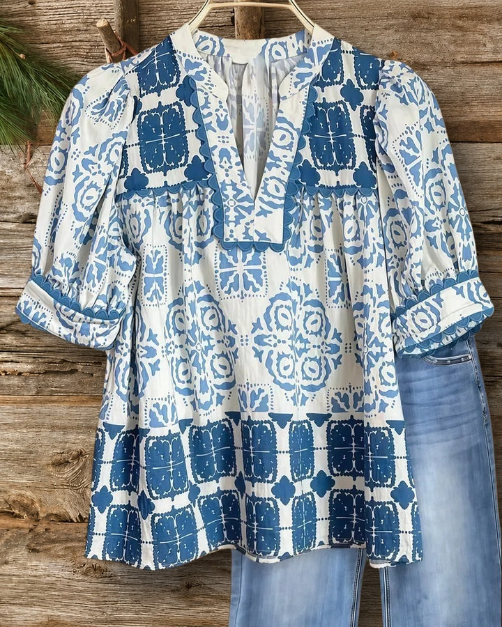 Tribal Print V Neck Glamorous Scalloped Trim T-Shirt