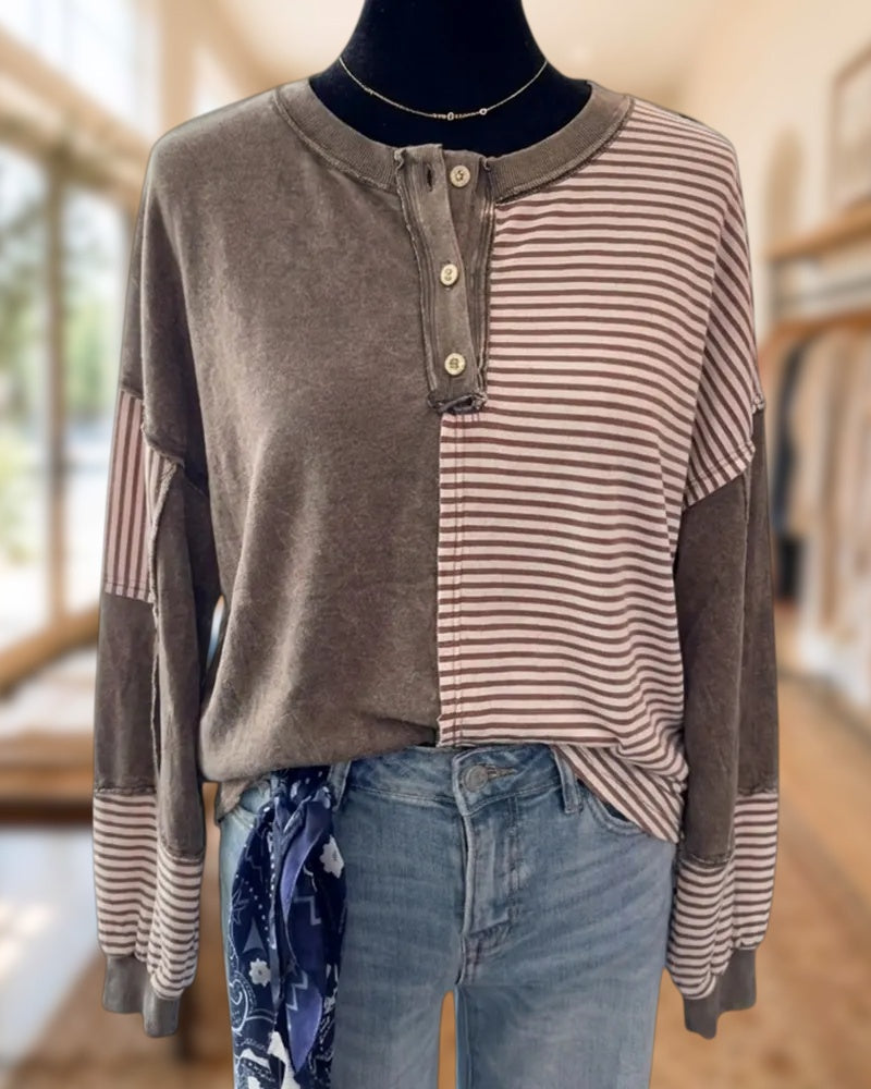 Henley Placket Contrast Patchwork Striped Long Sleeve Casual Sweatshirt