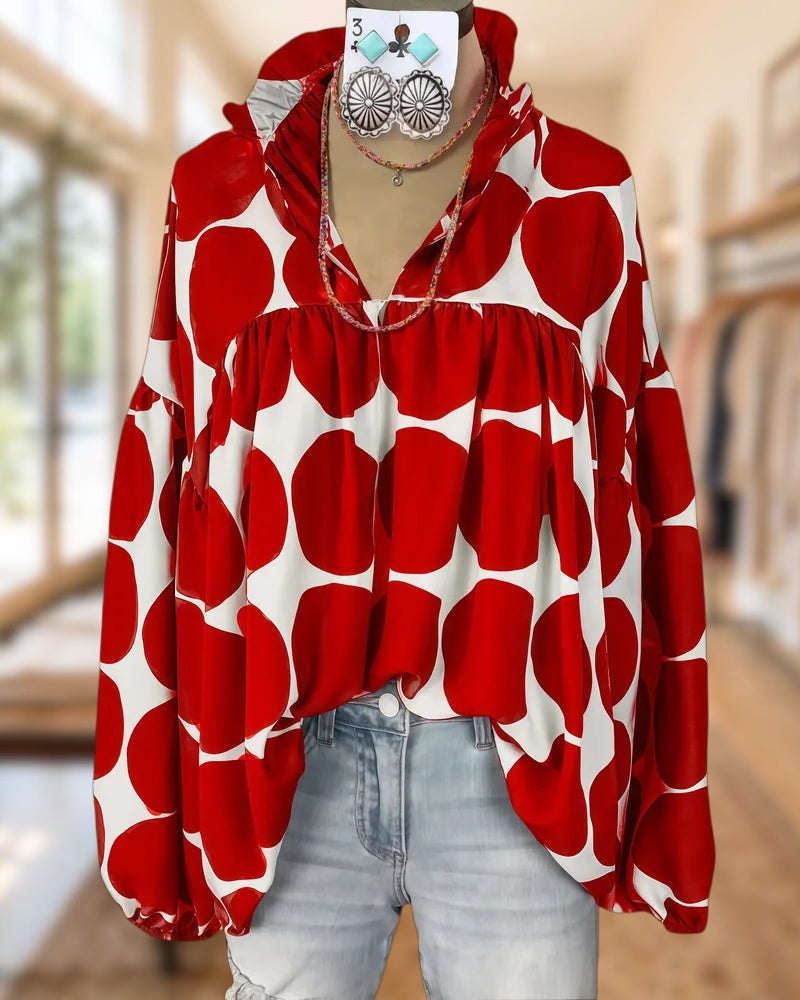 Polka Dot Puff Sleeve V Neck Smart Blouse