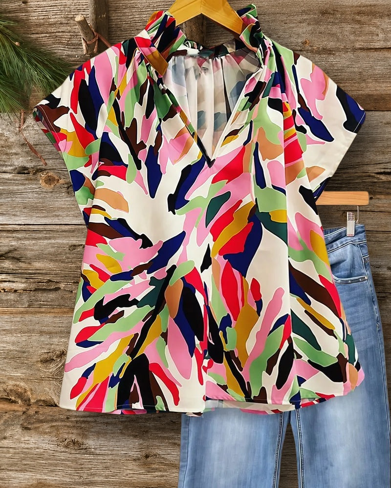 Multicolor Abstract Print Urban Ruffled V Neck T-Shirt